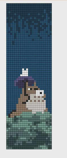 a pixellated image of a dog wearing a purple hat in the middle of water