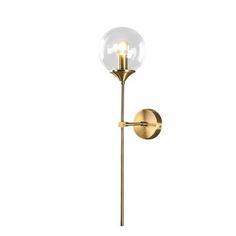 a brass wall light with a glass ball on the top and a metal pole below it