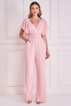 Chiffon Jumpsuit With Flutter Sleeves - Blush Goddiva Elegant Pink Short Sleeve Jumpsuit, High-waist Pink Jumpsuit For Party, Elegant Pink Wide-leg Suits, Luxury Glamorous Pink Jumpsuit, Outfits Pastel, Pink Floral Print V-neck Jumpsuit/romper, Chiffon Jumpsuit, Formal Jumpsuit, Wedding Jumpsuit