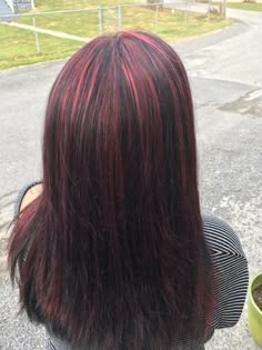 Burgundy Streaks In Black Hair, Cherry Red Hair Highlights, Red Hair Streaks, Black Hair Aesthetic, Hair Dye Tips, Cherry Red Hair, Red Hair Inspiration