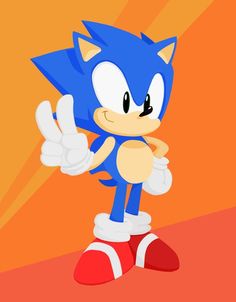 sonic the hedge cartoon character with red shoes and blue hair, standing in front of an orange background