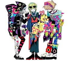 an image of three people dressed up in colorful outfits