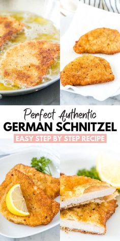 chicken schnitzel cut in half and served on a plate with lemon wedges