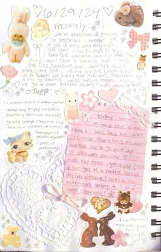 an open notebook with many stickers and writing on the pages, including teddy bears