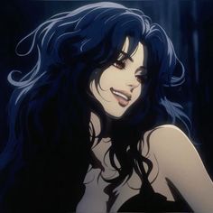 a woman with long black hair and blue eyes is staring at something in the distance