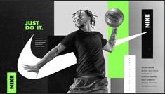 a man with dreadlocks holding a basketball in his right hand and the words just do it above him