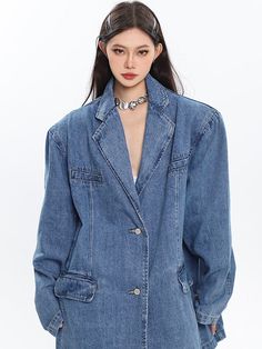 Size: One size fits allStyle: StreetCollar: Suit collarPlacket: Single-breastedColor classification: Denim blueYear Season: Spring 2023Sleeve length: Long sleevesLength: RegularClothing fit: loose fit size Clothing length Bust Shoulder width (with padded shoulders) Sleeve length One size fits all 77 126 53 61 Trendy Washed Blue Button-up Outerwear, Classic Long Sleeve Denim Jacket With Double Button Closure, Oversized Casual Blazer With Double Button Closure, Oversized Casual Blazer With Double Button, Trendy Collared Medium Wash Denim Jacket, Classic Denim Blue Blazer For Spring, Classic Denim Blue Spring Blazer, Classic Denim Button-up Blazer, Classic Medium Wash Blazer For Spring