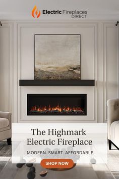 an electric fireplace with the words, the highmark electric fireplace modern smart affordable shop now