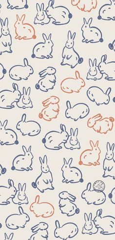 rabbits and eggs are drawn in blue, orange, and pink on a white background