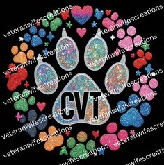 an image of a dog paw with hearts and stars in the center on a black background