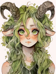 a woman with long green hair and horns