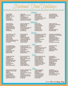 the national food holidays list is shown in blue and yellow with an orange border around it