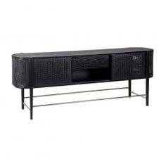 an entertainment center with black wicker doors and metal legs, on a white background