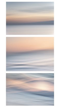 three different images of the ocean at sunset or sunrise with blurry lines and colors