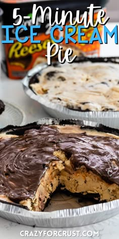 an ice cream pie is cut in half and ready to be eaten