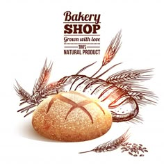 bakery shop advertisement with bread and wheat