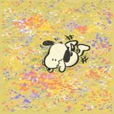 a drawing of a dog laying on the ground with flowers all over it's surface