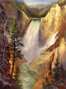 an oil painting of a waterfall with trees on the side and water in the middle