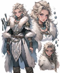 an image of a woman with long white hair and fur on her shoulders, holding two swords