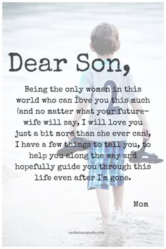 a young boy holding a skateboard with the words dear son written in front of him