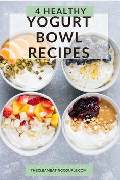 four bowls filled with yogurt, berries and granola on top of each other