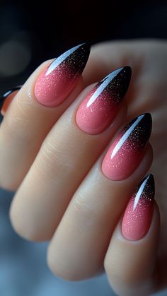 Pink Black Glitter Nails, Black Pink Ombre Nails, Black Nails With Pink Glitter, Pink Spooky Nails, Nail Designs Spooky, Halloween Nails Pink, Fall Ombre Nails, Nails In Pink, Ombre Nail Ideas