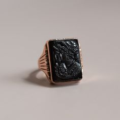 Luxury Black Enamel Onyx Signet Ring, Luxury Vintage Rings With Black Enamel, Luxury Vintage Cameo Signet Ring, Classic Black Onyx Rings, Formal Black 14k Gold Rings, Victorian Black Engraved Ring In 14k Gold, Black 14k Gold Engraved Ring For Anniversary, Classic Black Engraved Ring With Black Enamel, Formal Black Onyx Ring