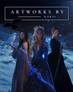 three beautiful women standing next to each other in front of a night sky with stars