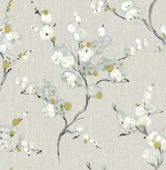 a white and yellow floral wallpaper with flowers on the back drop in grey background