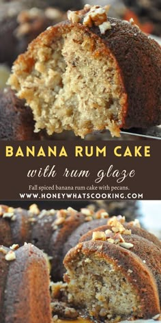 banana rum cake with rum glaze is cut in half to show the inside and side