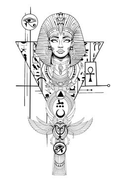 an image of the egyptian god with many symbols on his chest and head, as well as