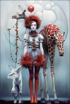 a woman with red hair standing next to a giraffe and a baby goat