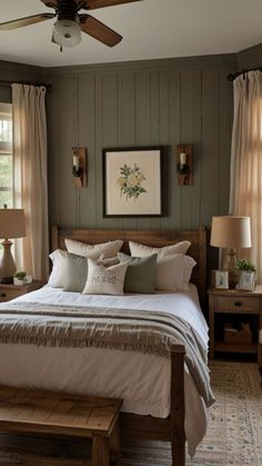 Mountain Home Bedding, Olive Color Bedroom, Green Sheets Bedding Ideas, Green Floral Bedroom Ideas, Cabin Vibes Bedroom, Green And Oak Bedroom, Dusty Green Bedroom, Green French Bedroom, Bedroom Paint Inspirations