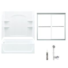 a bath tub sitting next to a window and shower head in front of a white wall