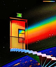 an image of a rainbow in the sky with stairs leading up to a small building