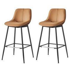 two brown leather bar stools with metal legs and backrests on white background