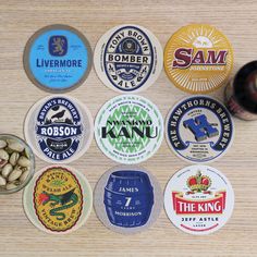 six different types of beer coasters on a table