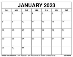 a calendar for january with the holidays in black and white, it is blank to print