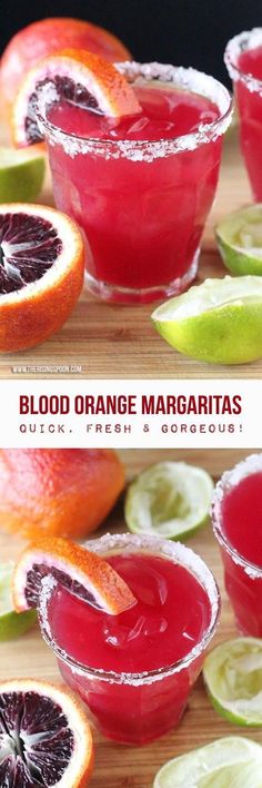 blood orange margaritas are garnished with lime and grapefruit for a refreshing drink