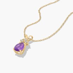 Channel your inner royal in this luxurious pendant necklace. Featuring a beautiful pear shaped gemstone with three diamonds at its top, this expertly crafted necklace exudes elegance. Pair it with the matching earrings for the ultimate shine. I Love Jewelry, Diamond Pendant Necklace, Fine Jewellery Necklace, Diamond Pendant, Gemstone Necklace, Matching Earrings, Pear Shaped, Pear, Amethyst