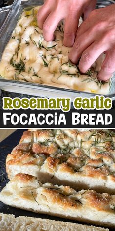 the process of making rosemary garlic focaccia bread is shown in this collage