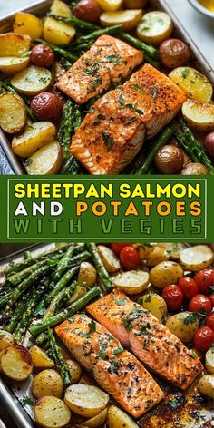 sheet pan salmon and potatoes with veggies on the side is featured in this cookbook