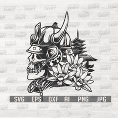 a skull wearing a helmet with flowers on it's head and the words svg eps