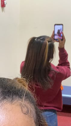 Simple hairstyle on medium length hair. Half up half down two ponytails Half Up Half Down Double Ponytail, Cute Half Up Half Down Ponytail, Hair Down With Two Ponytails, School Hairstyles Medium Length, Mini Ponytails On Top Of Head, 2 Small Ponytails Hairstyle, Mini Ponytail Hairstyles Half Up, Hairstyles Pigtails Half Up Half Down, Two Ponytails And Hair Down