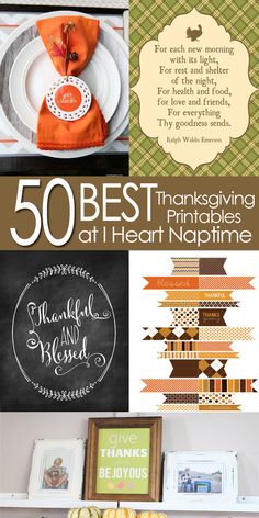 the cover of 50 best thanksgiving printables at heart nourishment, including plates and napkins