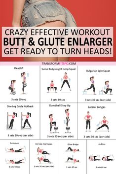 an image of a woman doing exercises with the text crazy effective workout but & gute enlarger get ready to turn heads