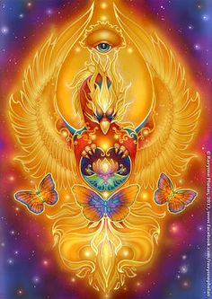 an image of a golden bird with two butterflies on it's wings, surrounded by stars