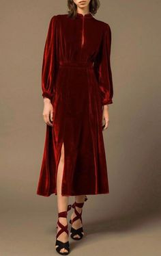 Burgundy Velvet Dress Long Sleeve Midi Dress With Slit Velvet Midi Dress With Sleeves, Red Velvet Dress Casual, Christmas Red Dress Women, Red Velvet Dress Outfit, Velvet Red Dress, Midi Dress Evening, Red Velvet Outfit, Red Velvet Fashion, Christmas Party Outfit Work