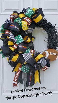 a football themed wreath with the words crooked tree creations, rustic elegance with a twist