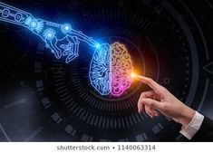 a hand pointing at a glowing brain on a dark background